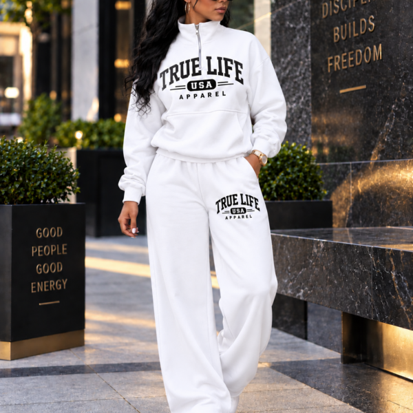 "TRUE LIFE" Half Zip Hoodie Loose Bottom Jogger Set